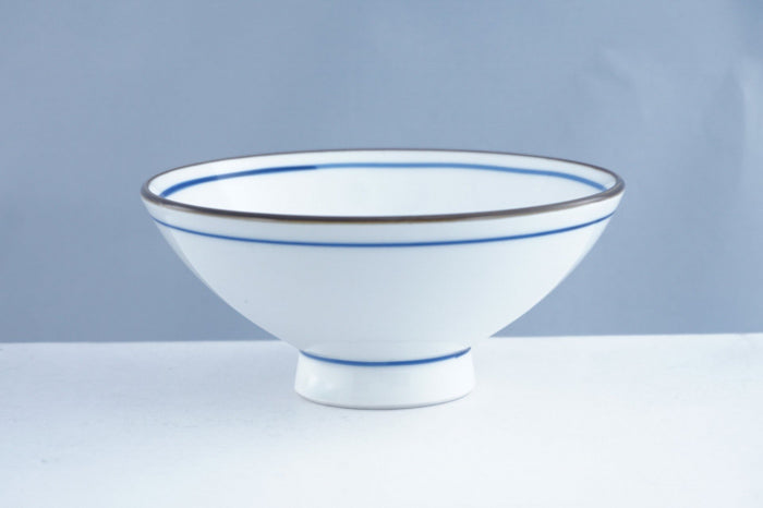 White Ceramic Rice Bowl with Thin Gosu Blue Pigment