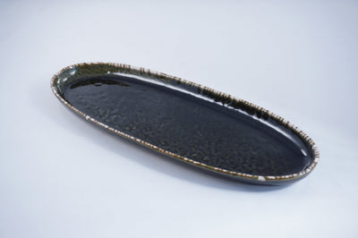 Oribe Fuchi Tokusa Ellipse Shaped Mori Sara-dai Ceramic Plate