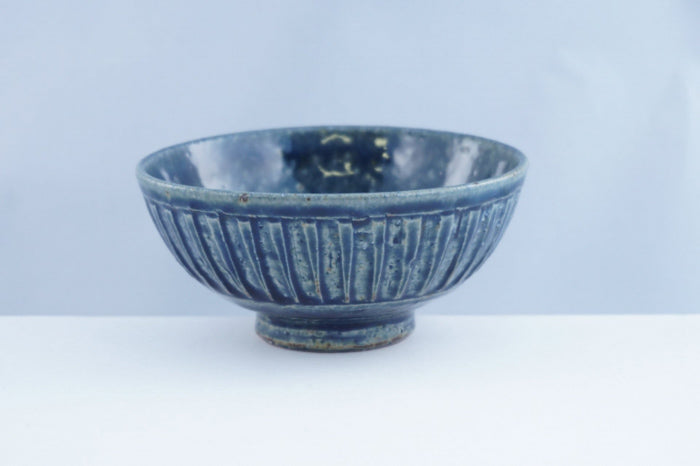 Blue Ceramic Bowl with Hand Shaved Stripes