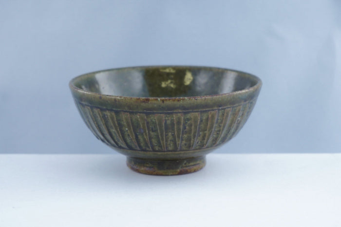 Oribe Green Ceramic Bowl with Hand Shaved Stripes