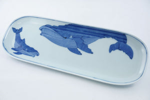 Sometsuke Whale Design Nagasara Ceramic Round Rectangular Serving Plate