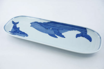 Sometsuke Whale Design Nagasara Ceramic Round Rectangular Serving Plate