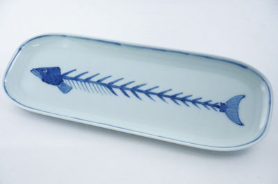 Sometsuke Uomon Nagasara Fishbone Design Ceramic Rectangular Serving Plate