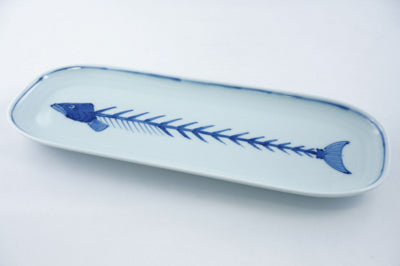Sometsuke Uomon Nagasara Fishbone Design Ceramic Rectangular Serving Plate