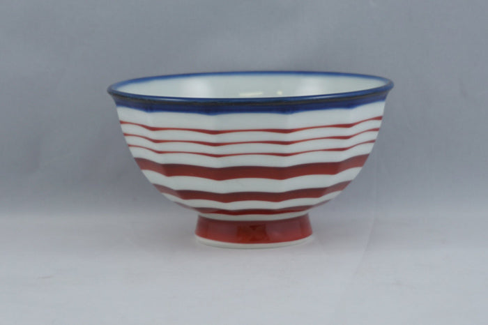 Red Line White Ceramic Rice Bowl with Gosu Edge