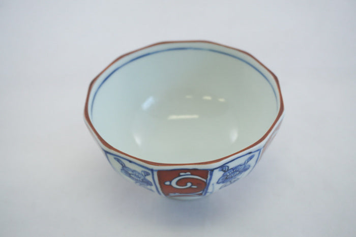 Flower Design Ceramic Rice Bowl with Red Accent
