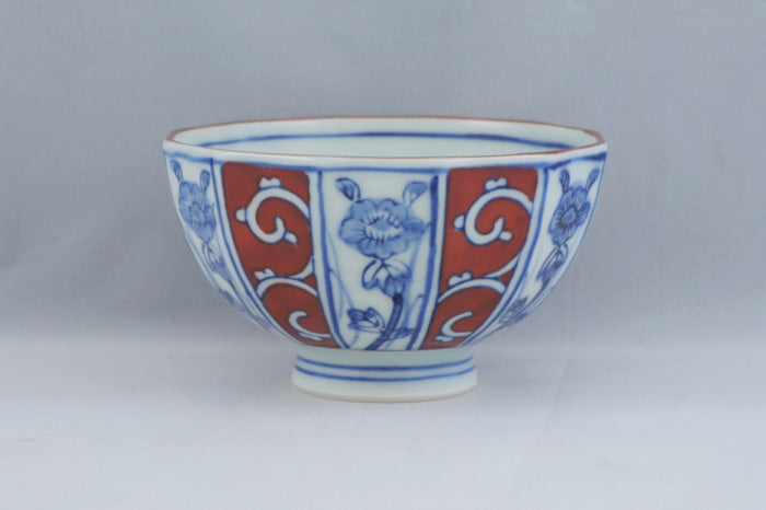 Flower Design Ceramic Rice Bowl with Red Accent