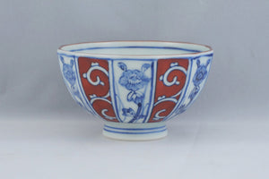 Flower Design Ceramic Rice Bowl with Red Accent